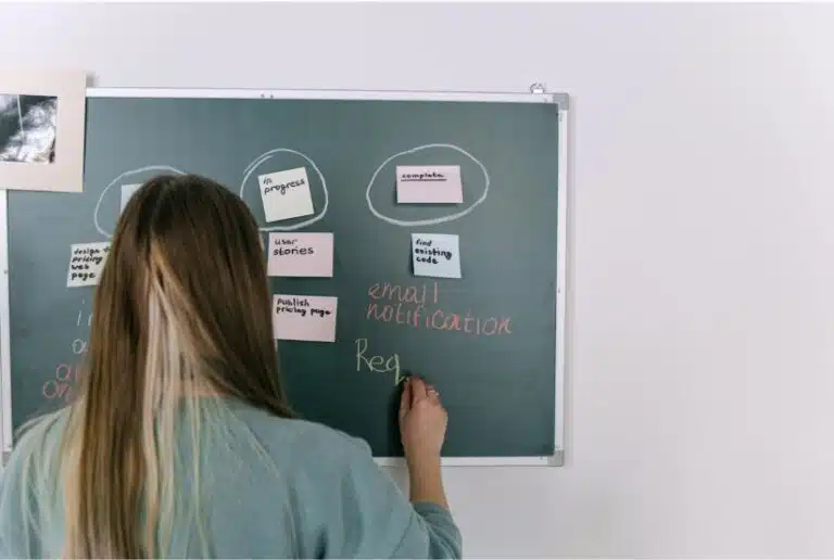 A person writing on a board