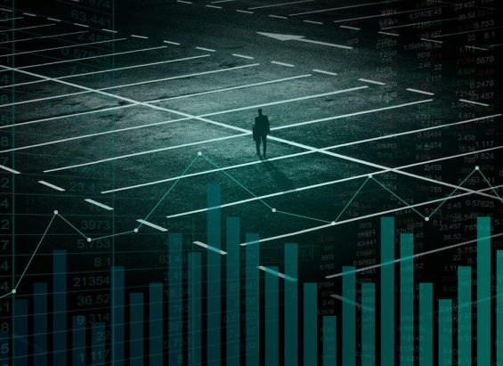 Business person in crossroads with data charts and analytics overlay