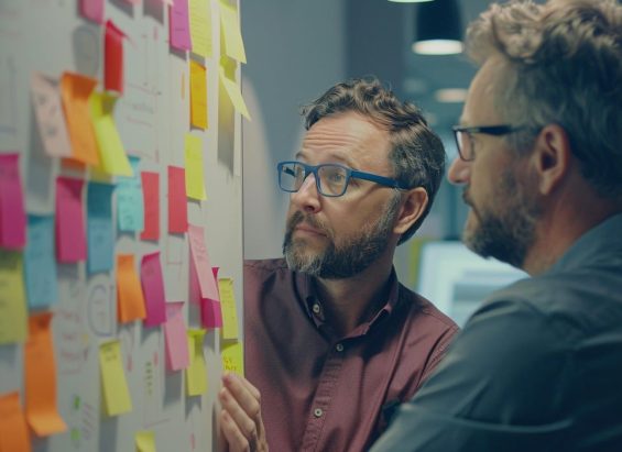 Arbeitsbesprechung vor einer Post-it-Tafel