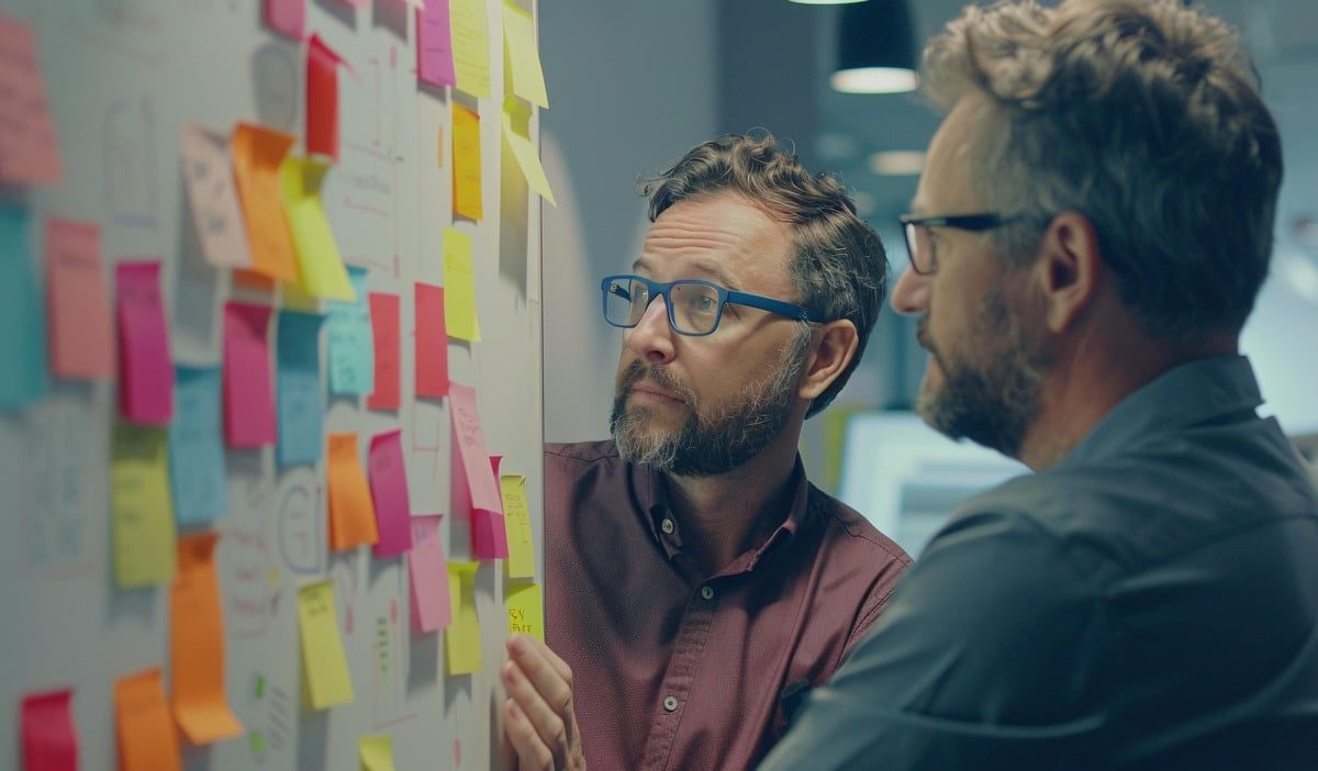 dos-colegas Reunión de trabajo delante de un tablero de post-it