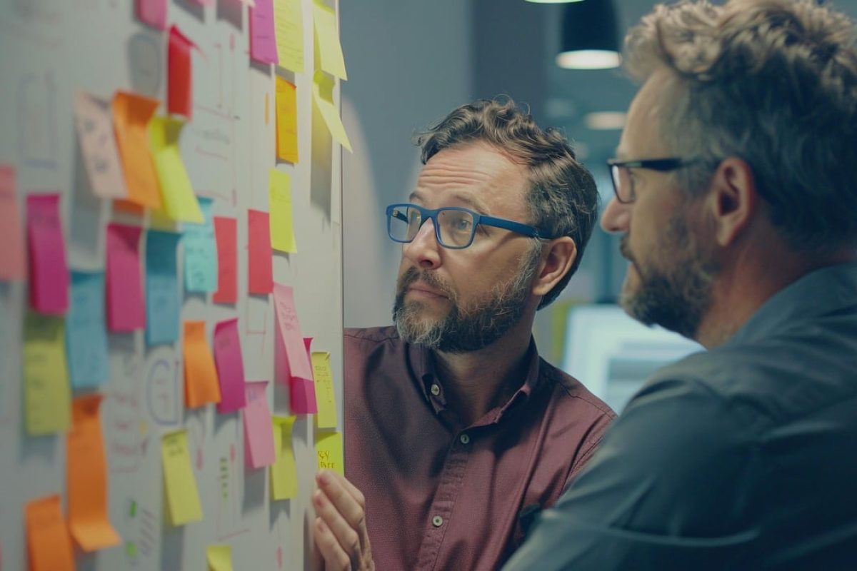 Arbeitsbesprechung vor einer Post-it-Tafel