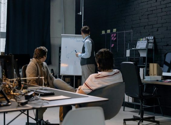 Meeting in an office with a whitboard to write on