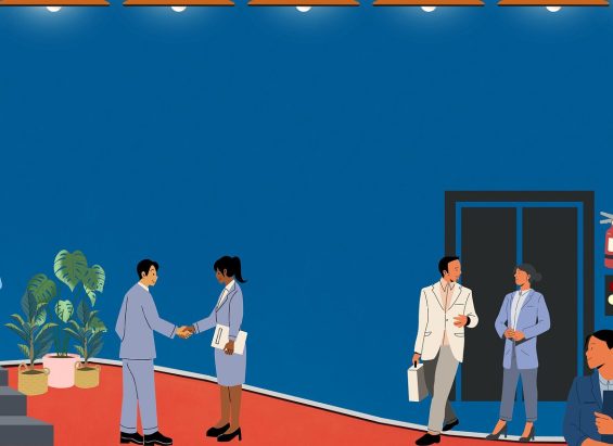 Illustrazione di persone in abito da lavoro nell'atrio di un edificio